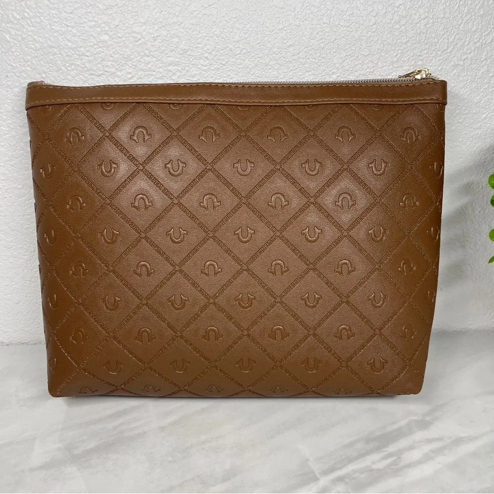 True Religion Cognac Brown Embossed Horseshoe Monogram Cosmetic Makeup Bag Pouch